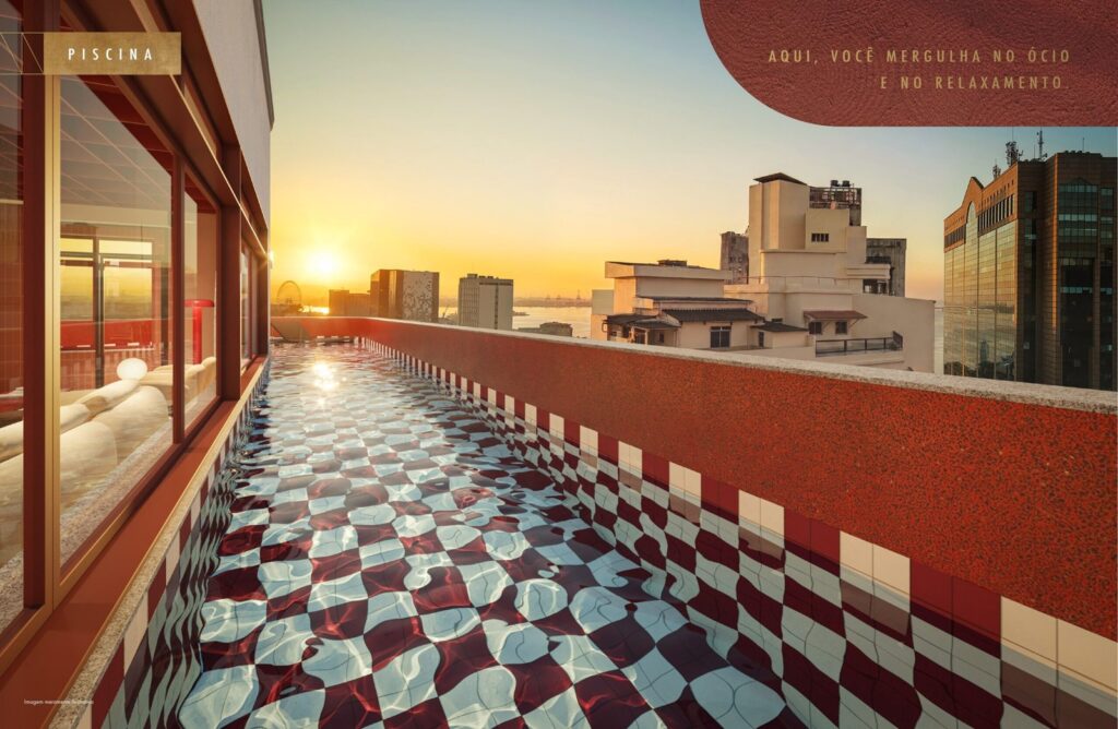 Piscina do rooftop do ARB 26 ao pôr do sol, com vista para o Centro do Rio