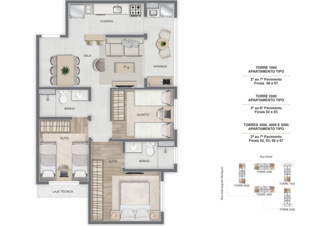 Planta de 3 quartos com suíte e semi-suíte