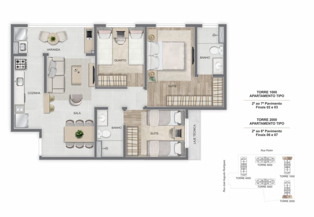 Planta de 3 quartos com suíte e semi-suíte · 70 m²