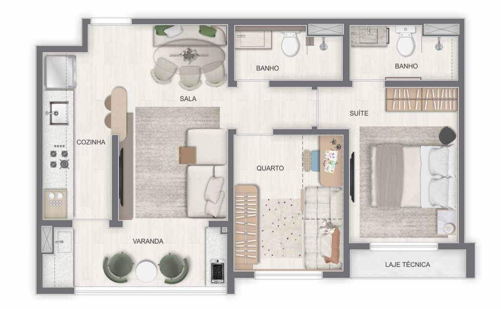 Planta de 2 quartos com suíte