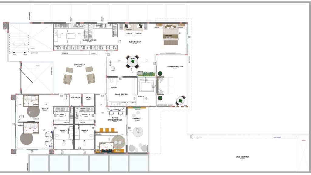 Planta do segundo pavimento com suíte master com closet, banheiro e varanda, duas suítes com closet, estar íntimo e laje gourmet