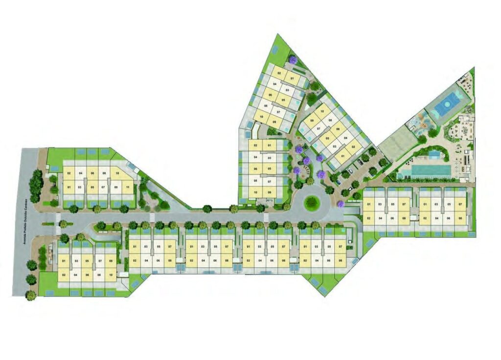 Implantação do Claris Casa e Clube, com os onze conjuntos de casas e o clube