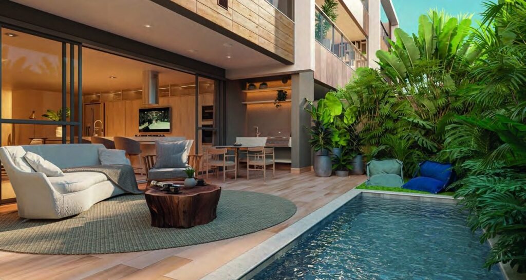 Living integrado ao garden e à piscina privativa de uma casa do Claris