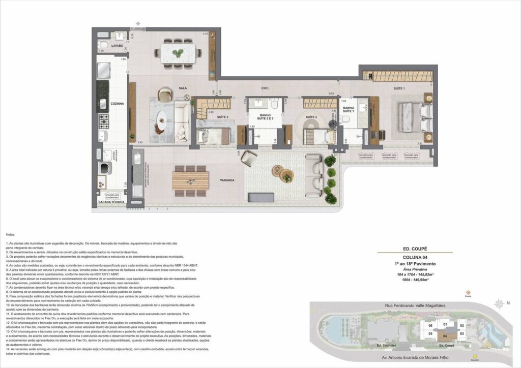 Planta do apartamento decorado de 3 suítes de 145,82 m² do Edifício Coupé