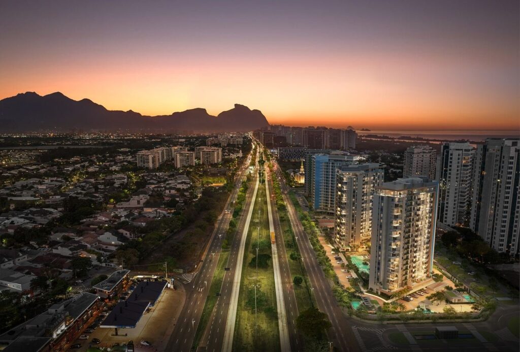 Fotomontagem noturna do Epic Golf Residence na Barra da Tijuca