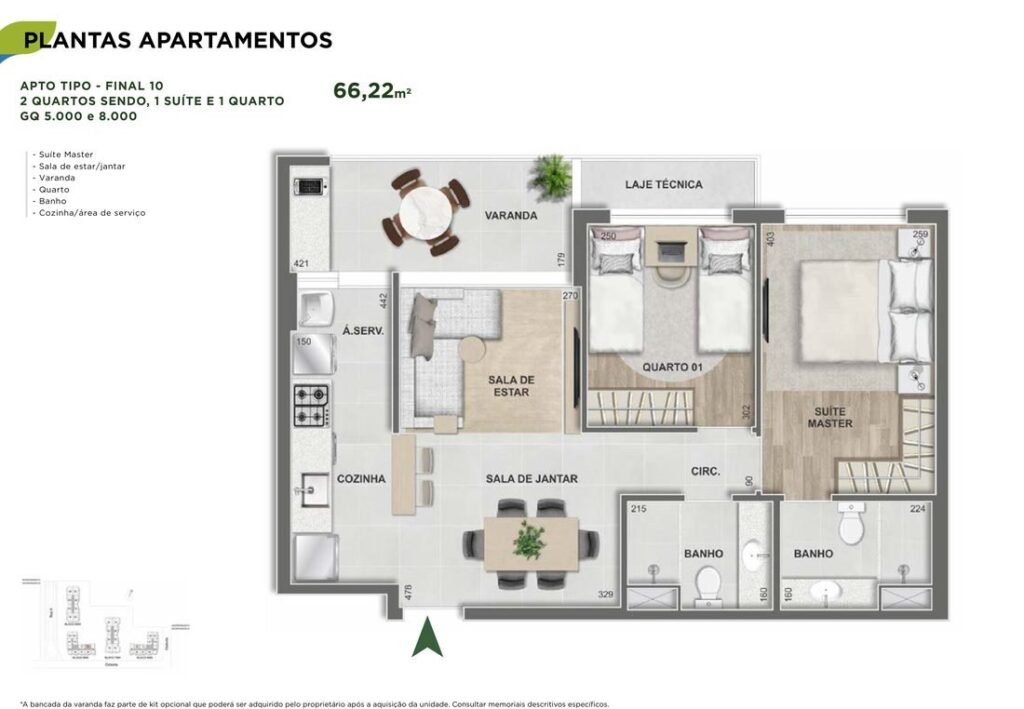 Planta de 2 quartos, 1 suíte