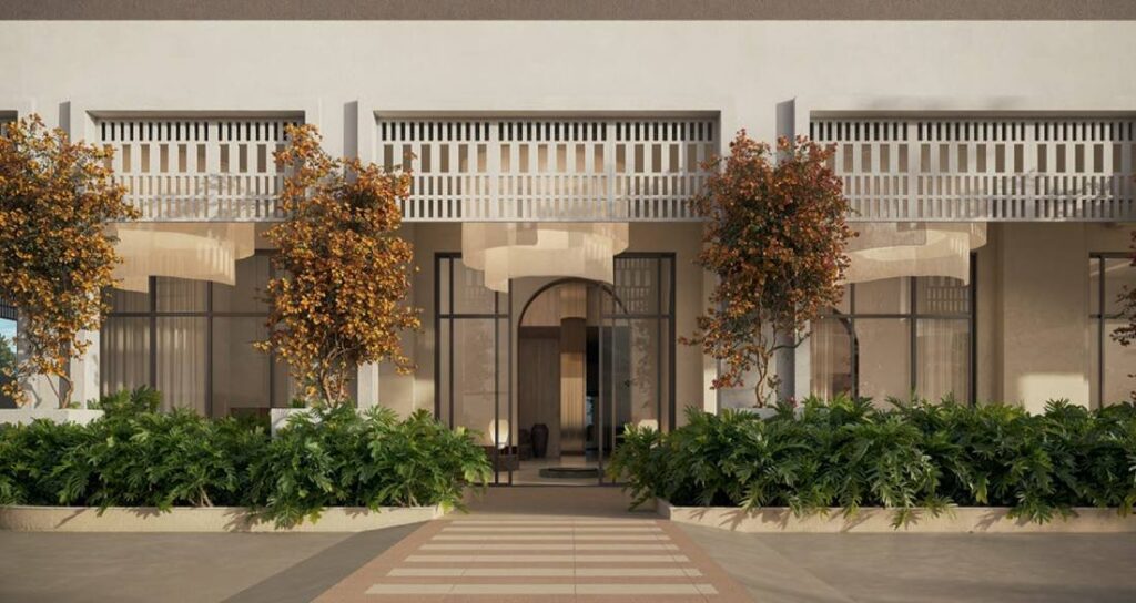 Galeria de acesso ao Kronos by Tegra com cobogós e paisagismo EDSA