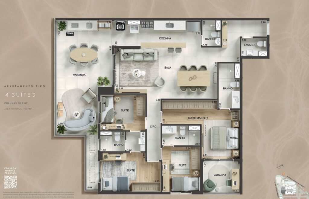 Planta de Apartamento tipo — 4 suítes