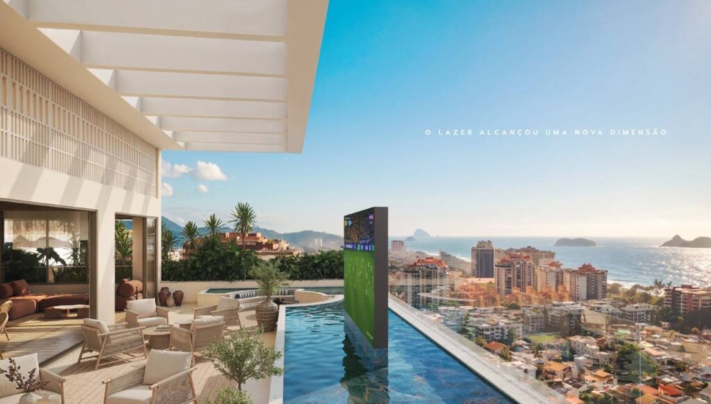 Piscina do rooftop do Kronos by Tegra com tela de LED e vista panorâmica da Barra da Tijuca