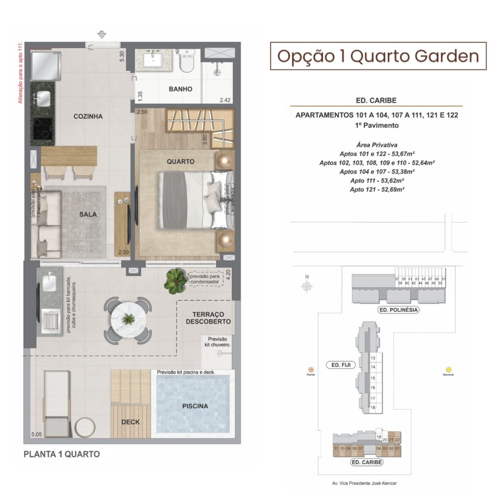 Planta de 1 Quarto Garden — Edifício Caribe
