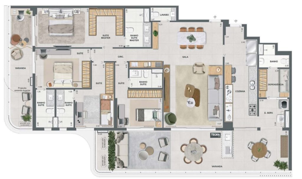Planta do apartamento tipo do Singular by Tegra, coluna 3, 4 suítes de 229,49 m²