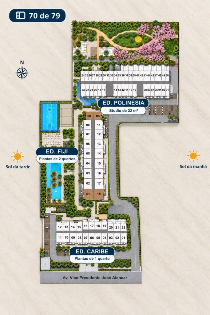 Implantação do ON Resort Cidade Jardim com edifícios Caribe, Fiji e Polinésia